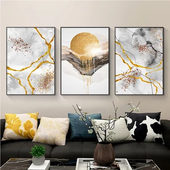 Iskandinav Soyut Mermer Tuval Boyama Tableaux Altın Folyo Güneş Posterler ve Baskılar Modern Duvar Sanatı Resimleri ıçin Ev Dekorasyon