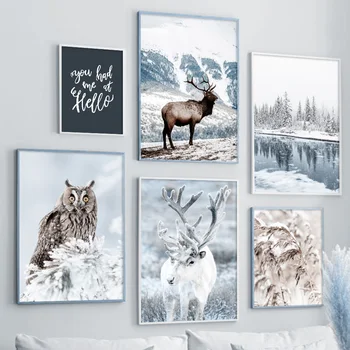 Kış Kar Geyik Baykuş Orman Nehir Kamış duvar sanatı tuval yağlıboya İskandinav Posterler Ve Baskılar Duvar Resimleri Için Oturma Odası Dekor
