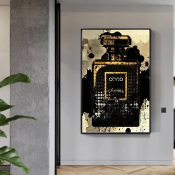 Tuval Boyama Siyah Altın Paris Parfüm Şişesi Moda Posteri Yatak Odası Dekorasyon Resimleri Odası Dekor Duvar sanat resmi