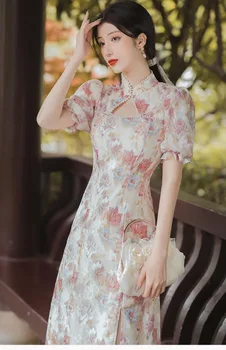 Kadın Yaz Cheongsam Çiçek Puf Kollu Vintage evaze elbise Ince Gösterisi Kostümleri Kadın Seksi Qipao S XXL Pembe