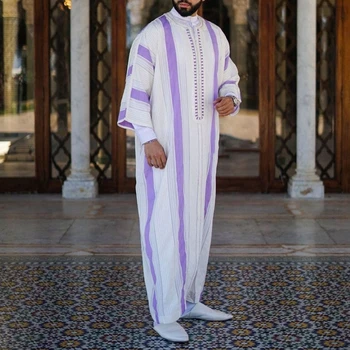 Eid Ramazan Erkekler Müslüman Moda Robe Kaftan Pakistanlı Keten Şerit uzun elbise Rahat Gevşek Dubai çarşaf islami Giyim