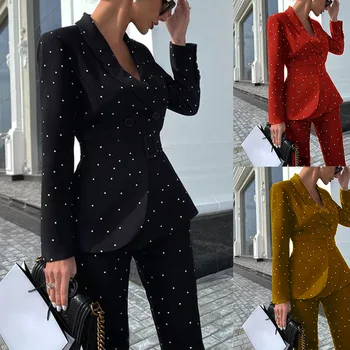 2021 Yeni Sonbahar ve Kış Tarzı Zarif kadın Siyah Polka Dot Uzun kollu Ofis Takım Elbise Ceket Yeni Takım Elbise Pantolon Takım Elbise kadınlar için