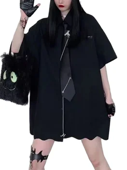 Streetwear Gevşek Şerit Zincir Kargo Pantolon Kadın Unisex Kravat T Shirt + Siyah Sweatpants Okul Kızlar İki Parçalı Set