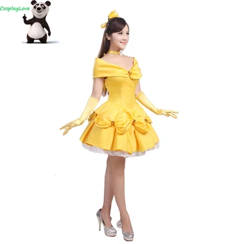 CosplayLove Custom Made Güzellik Ve Beast Belle Prenses Sarı Kısa Elbise Cosplay Kostüm Cadılar Bayramı Noel Partisi Için