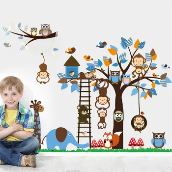 Karikatür Baykuş Maymun Sincap Ağacı Duvar Sticker çocuk Odası Anaokulu Dekorasyon Duvar Kendinden Yapışkanlı Vinil DIY Çıkartması Duvar Kağıdı